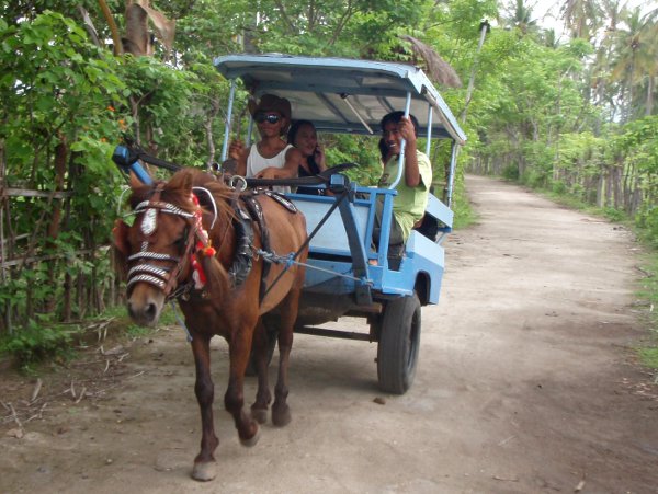 Hevoskärryt autottomalla Gili Airin saarella Indonesiassa. 