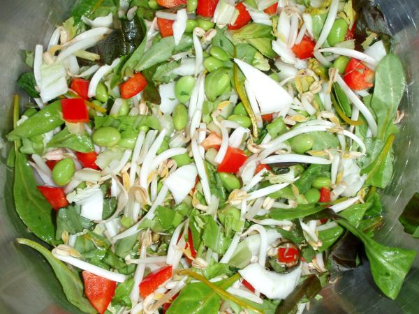 Edamame-papuja salaatissa. 