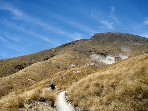Loppumatkan lasku oli heinäistä maisemaa ja kuvassa näkyy vulkaanisia höyryjäkin. 