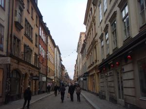 Stora Nygatan Gamla Stanissa. Siltä löytyy myös Hermitage-kasvisravintola. 