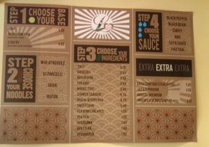 Tässä Loving Hutissa ei ollut perinteistä menua tai buffaa, vaan wokkiravintolamainen menu. 