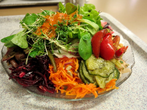 Tällaisista salaattilautasista minä nautin. Porkkanaraastekaan ei ollut vain porkkanaraastetta, vaan maustettua sellaista. 