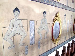 Bangkokissa Wat Phon temppelialueella on vanhoja opastauluja thaihierontaan. 