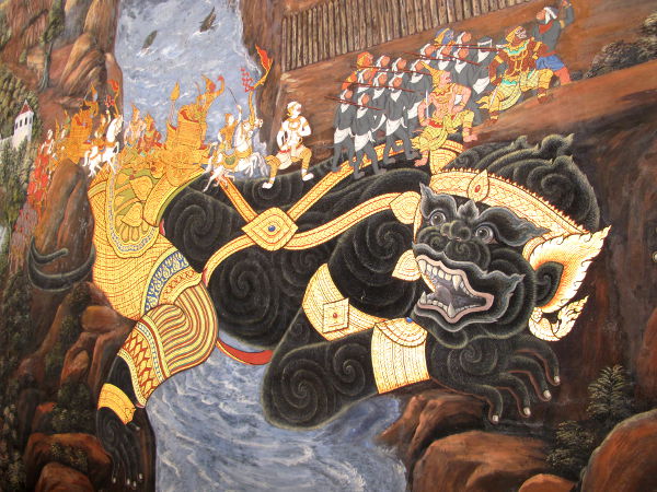 Yksityiskohta Ramakien-eepoksen tapahtumia kuvailevista maalauksista. 