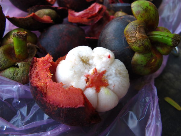 Mangosteenissa on violetti kova kuori ja paksu pahanmakuinen punertava kuori ennen ihananmakuista valkoista sisusta. Syötävää ei ole paljon, kun valkoisen hedelmälihan sisällä on isoja siemeniä. 