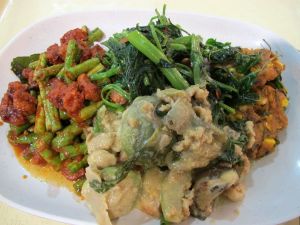 Ravistelin varmaan myyjän maailmaa tilaamalla bangkokilaisen MBK-tavaratalon food courtin kasviskojusta lautaselleni neljää eri ruokaa. Toisaalta farangeilta eli ulkomaalaisilta ehkä odotetaan mitä vain outoa käytöstä. 