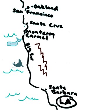 Kalifornian rannikkoa San Franciscosta Los Angelesiin. Big Sur on puolivaiheilla. 