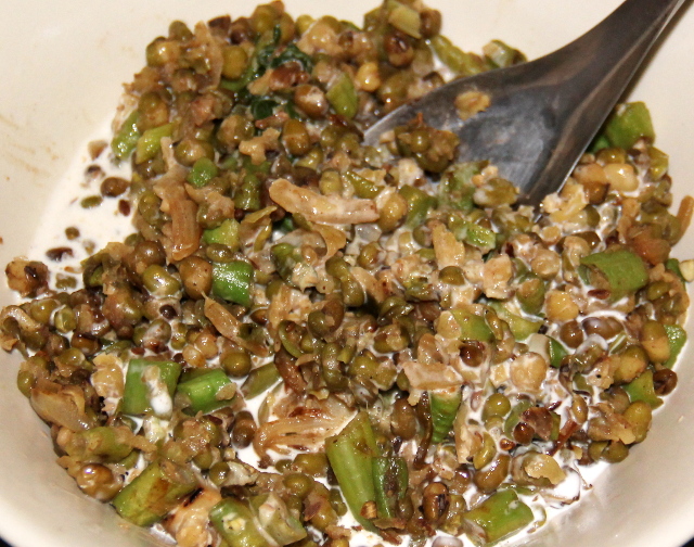 Mungpapusalaatti vihanneksilla ja kookosmaidolla. 