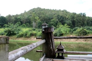 Näkymä lammelle korkealta laiturilta.